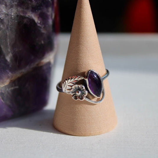 Amethyst Silver Flower & Leaf - Rings - Keshet Crystals in Petersfield