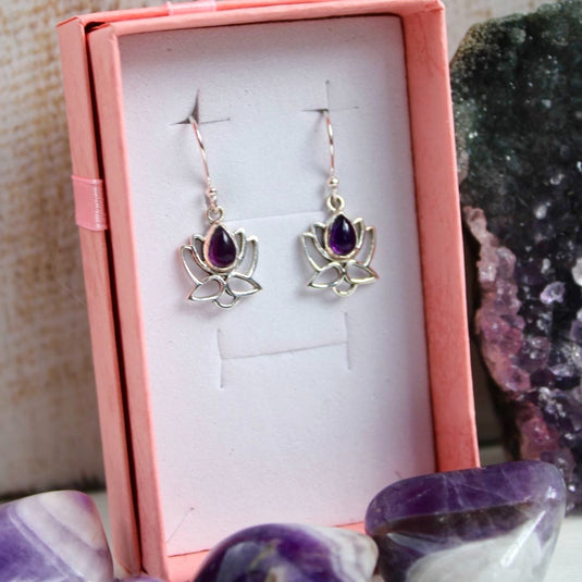 Amethyst Silver Lotus Flower - Earrings - Keshet Crystals in Petersfield