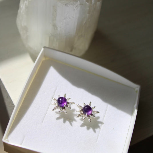 Amethyst & White Topaz Sun Studs - Earrings - Keshet Crystals in Petersfield