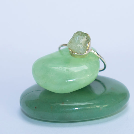 Raw Cut Aquamarine Crystal on Green Stones - Rings - Keshet Crystals in Petersfield