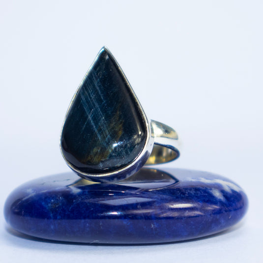 Blue Tigers Eye on Blue Crystal - Rings - Keshet Crystals in Petersfield