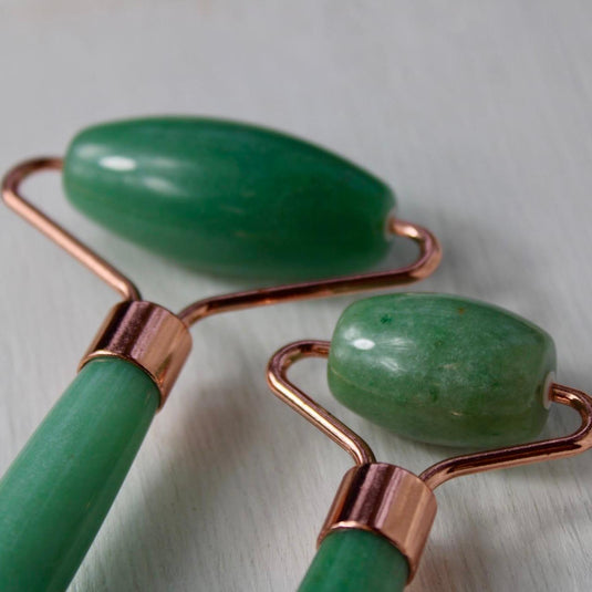 Green aventurine massage rollers with rose gold handles