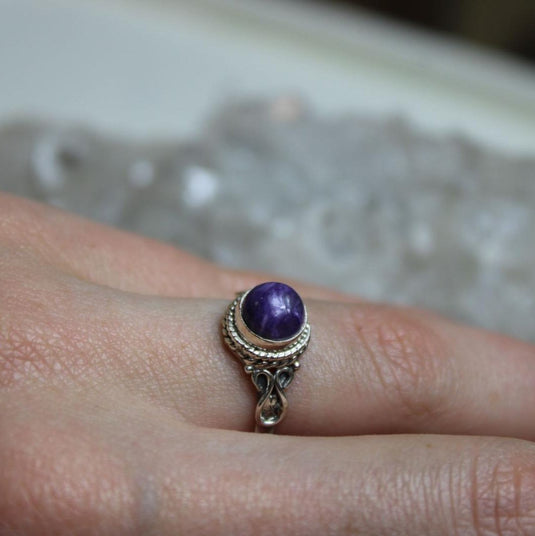 Sterling silver ring with a purple Charoite stone