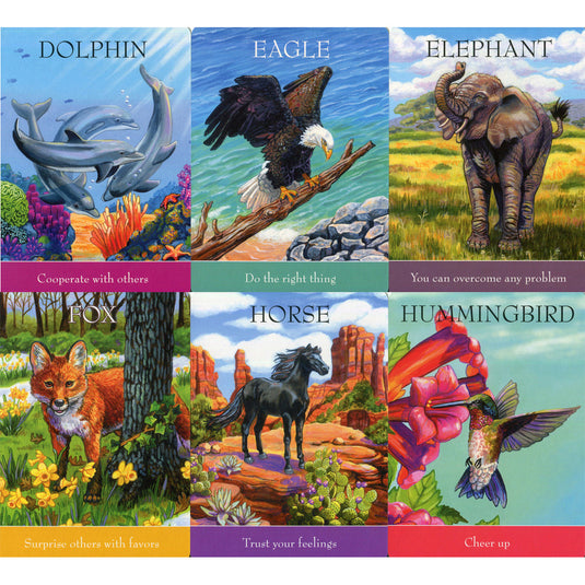 Six Spirit Animal Cards from the Children's Spirit Animal Cards deck: Dolphin, Eagle, Elephant, Fox, Horse, and Hummingbird.