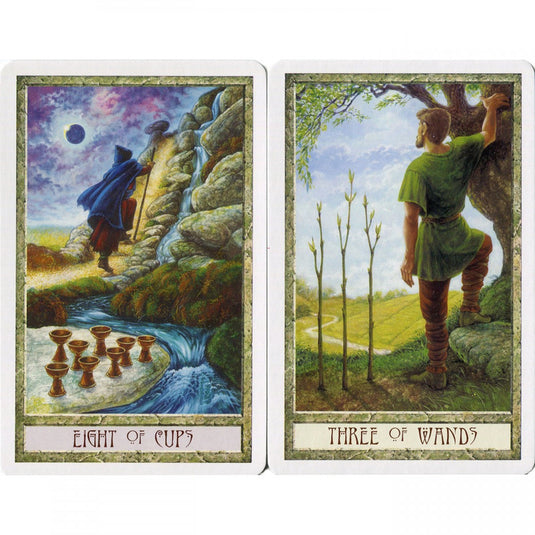 Eight of Cups and Three of Wands from the Druid Craft Tarot.