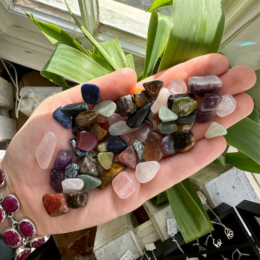 A person's hand holding a handful of small, colourful stones. The stones are various shapes and sizes, and include colours such as purple, green, red, black, and white. The background shows a plant and some jewellery.