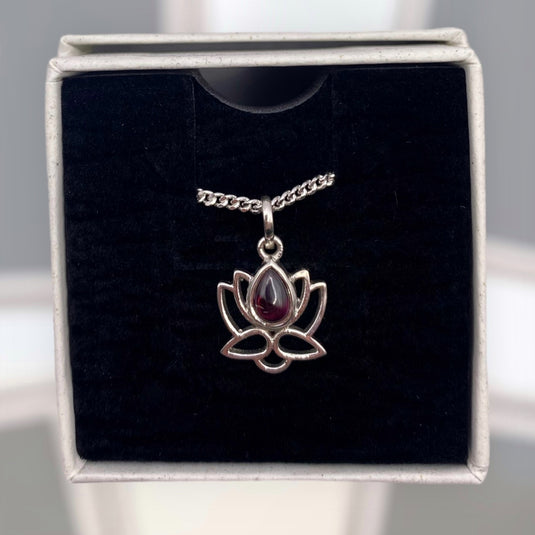 Sterling Silver Garnet Lotus Flower - Necklaces - Keshet Crystals in Petersfield & Online