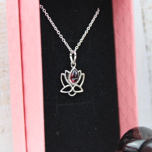 Sterling silver necklace with garnet lotus flower