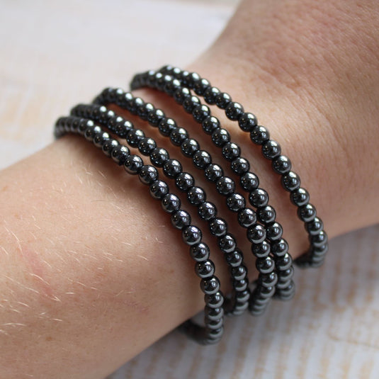 Hematite 4mm Bead Bracelets Stacked on Wrist