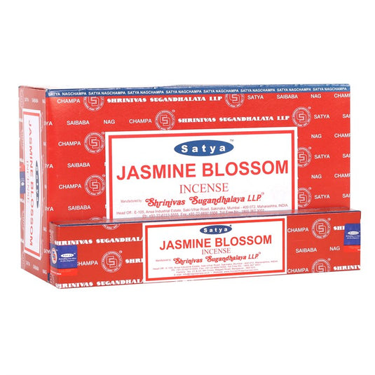 A red box and pack of Satya Jasmine Blossom Incense Sticks