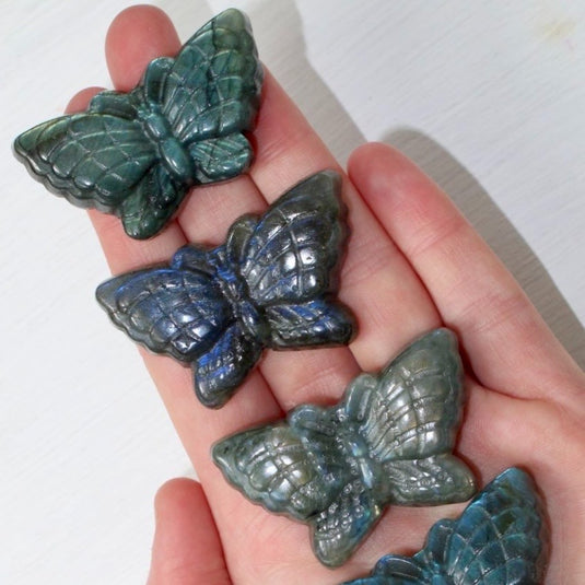 A group of labradorite butterfly carvings, showcasing the stone's iridescent blue and green hues.