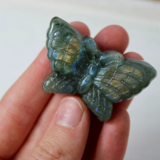 A labradorite butterfly carving, capturing the stone's mystical energy and iridescent beauty.