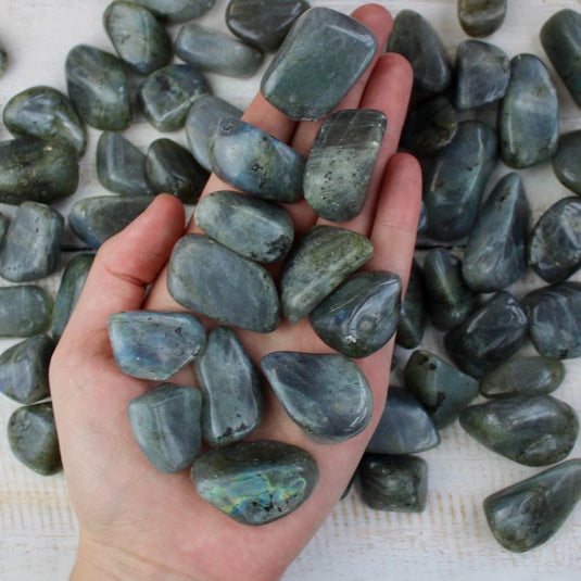 A hand cupping a handful of Labradorite tumbled stones at Keshet Crystals Shop based in Petersfield