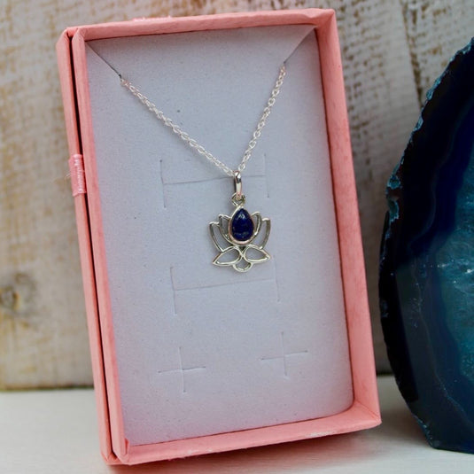 Sterling silver necklace with lapis lazuli lotus flower