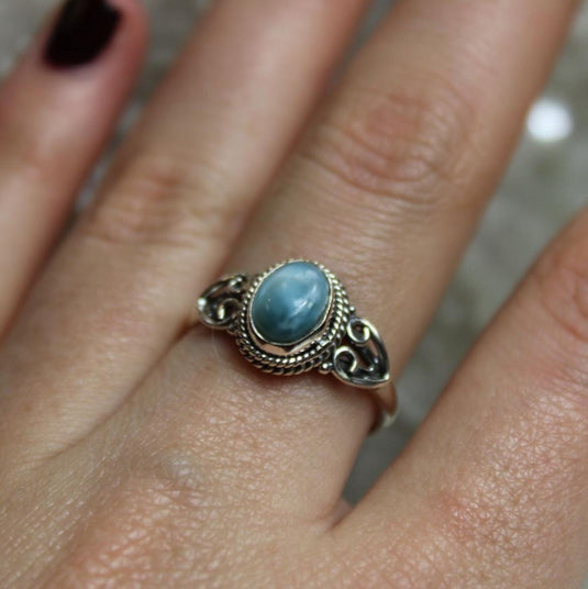 Larimar sterling silver ring, unique gemstone jewellery, Dominican Republic, handmade, natural beauty