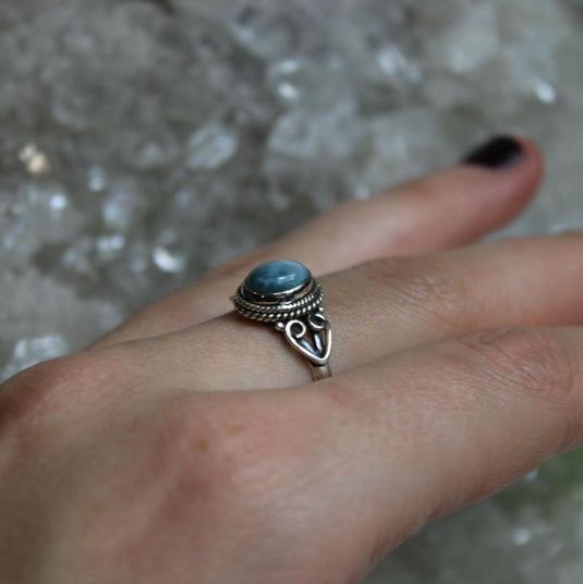 Larimar ring, blue gemstone, silver jewellery, crystal background, handmade, natural beauty