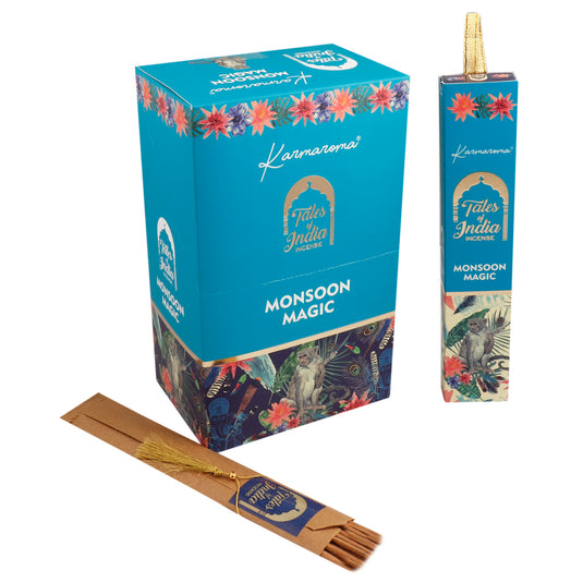 A Blue and Gold Box of Monsoon Magic Incense Sticks by Tales of India