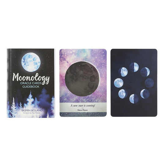 Moonology Oracle Cards: Guidebook, New Moon Card, and Moon Phases Card.