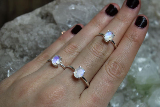 Three Silver moonstone rings with a shimmering stone