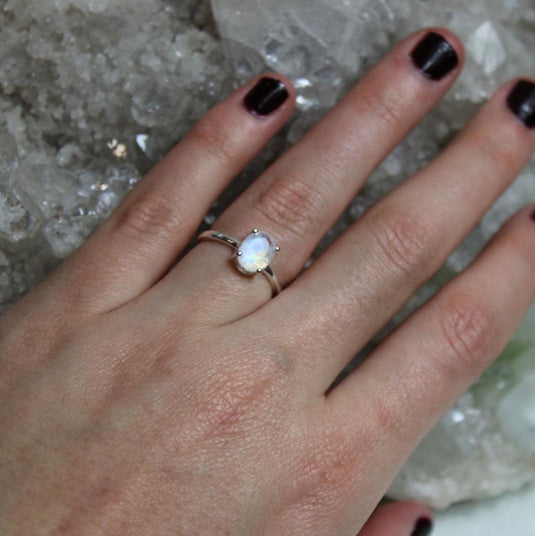 Silver moonstone ring with a shimmering stone