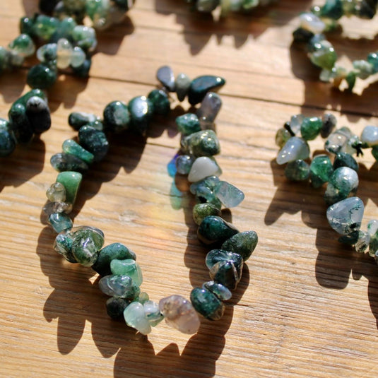 Moss Agate Chip Close Up - Bracelets - Keshet Crystals in Petersfield