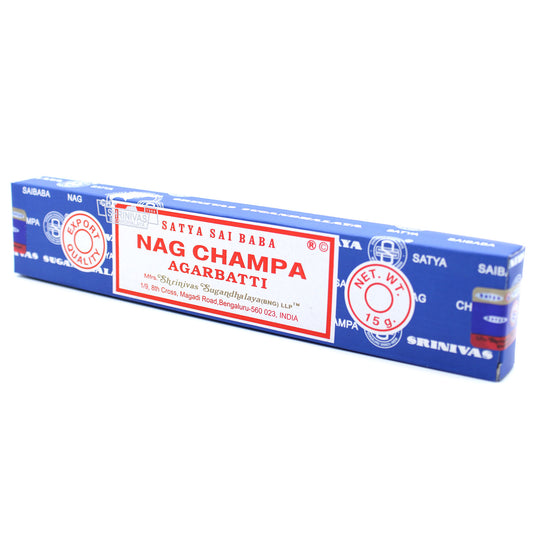 A blue 15gm box of traditional satya nag champa incense sticks