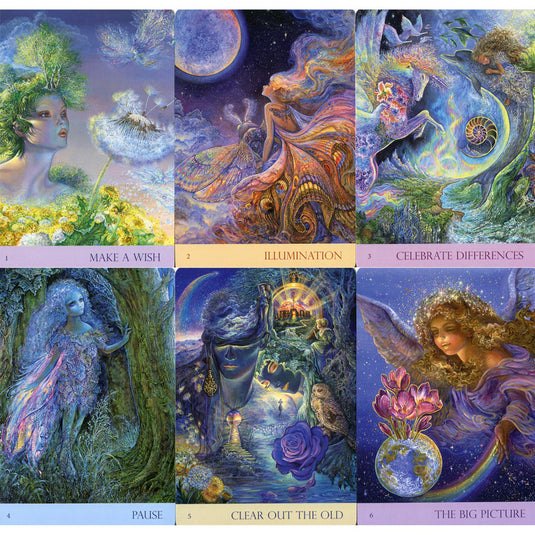 Six Cards from the Nature's Whispers Oracle Deck: Make a Wish, Illumination, Celebrate Differences, Pause, Clear Out the Old, and The Big Picture.