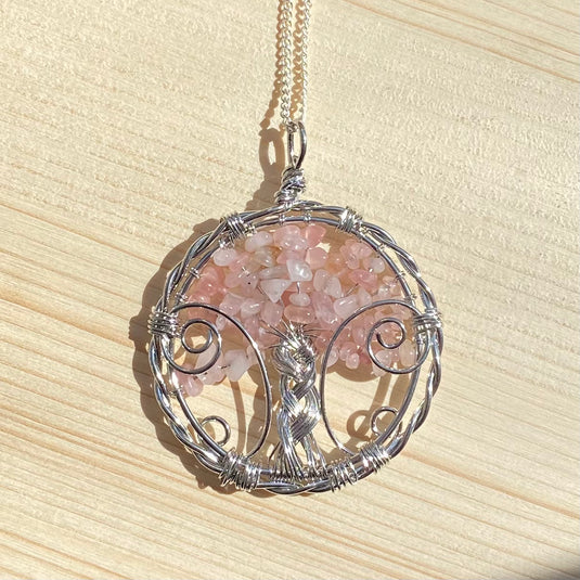 Rose Quartz Tree of Life Wire Wrapped Circular Necklace - Necklaces - Keshet Crystals in Petersfield