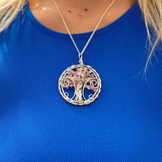Rose Quartz Tree of Life Wire Wrapped Circular Necklace - Necklaces - Keshet Crystals in Petersfield