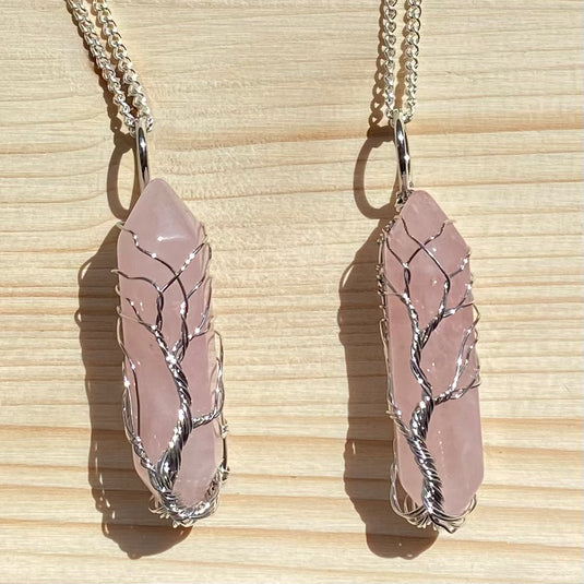 Rose Quartz Tree of Life Wire Wrapped Necklace - Necklaces - Keshet Crystals in Petersfield