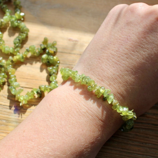 Peridot Bracelet on Wrist - Jewellery - Keshet Crystals in Petersfield