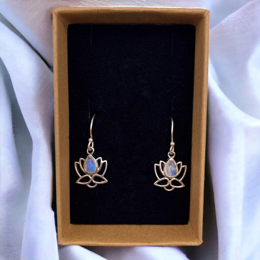 Rainbow Moonstone Lotus Earrings - Earrings In Gift Box - Keshet Crystals in Petersfield