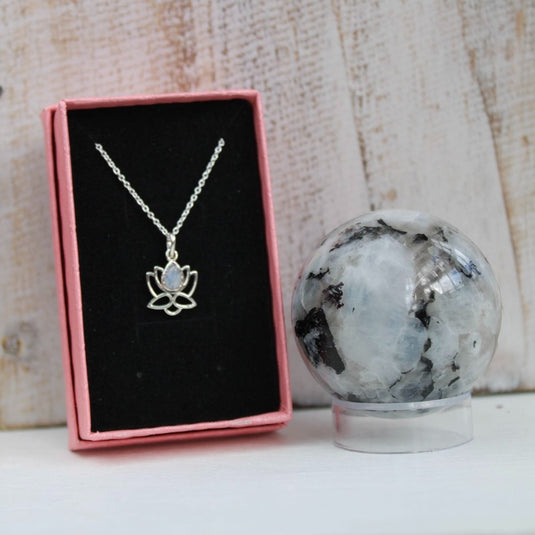 Sterling silver necklace with rainbow moonstone lotus flower