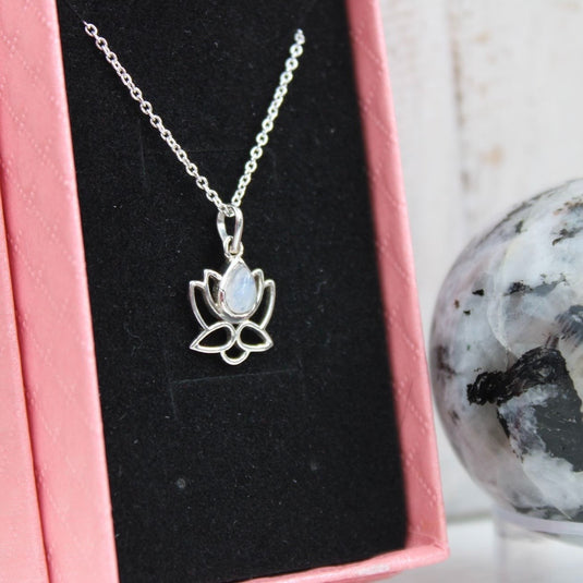 Sterling silver necklace with rainbow moonstone lotus flower