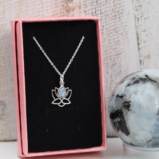 Sterling silver necklace with rainbow moonstone lotus flower