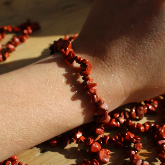 Red Jasper Chip Bracelets on Wrist - Jewellery - Keshet Crystals in Petersfield