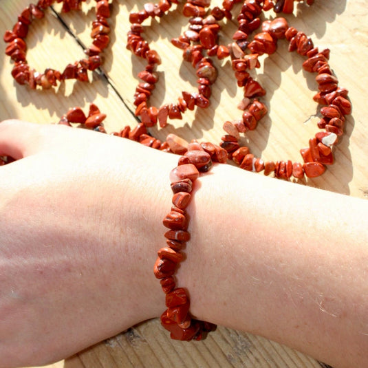 Red Jasper Chip Bracelet on Wrist - Jewellery - Keshet Crystals in Petersfield