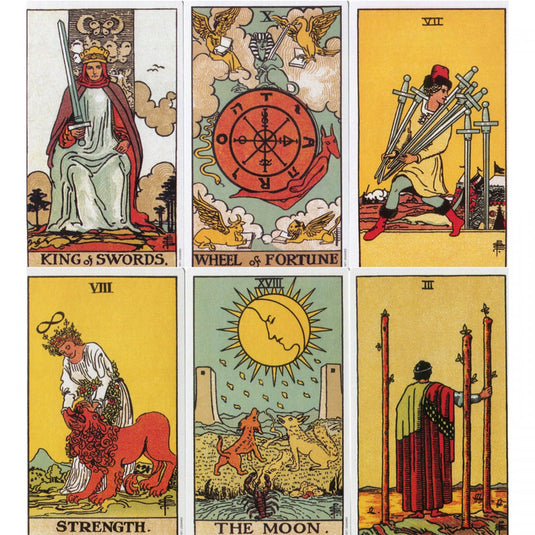 Six Tarot Cards from the Rider Waite Deck: King of Swords, Wheel of Fortune, Eight of Swords, Strength, The Moon, and Three of Wands.
