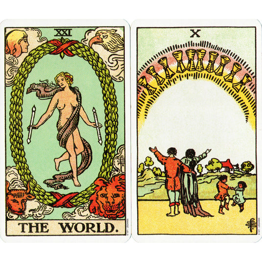 The World and Ten of Cups from the Rider Waite Tarot Deck.