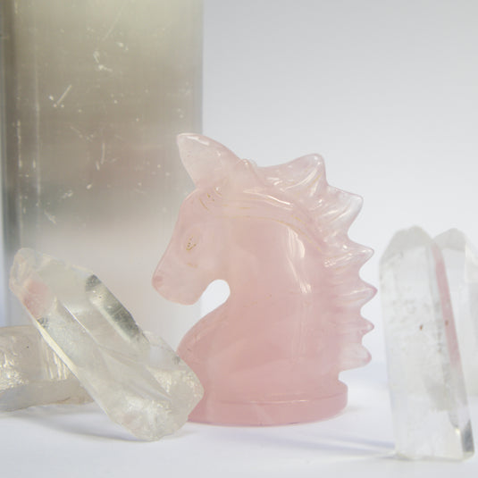 Pink Rose Quartz Unicorn with Crystals - Carvings - Keshet Crystals in Petersfield