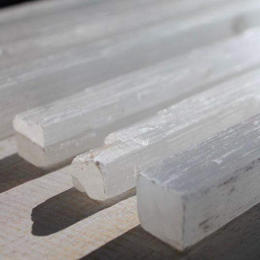 Raw Selenite Stick Close Up - Rough Crystals - Keshet Crystals in Petersfield