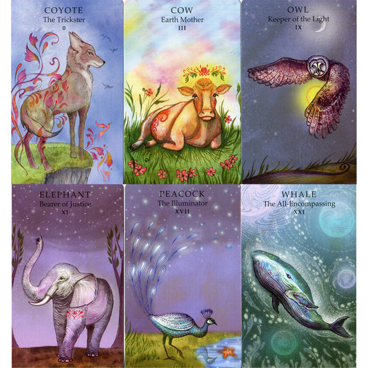 Spirit Animal Tarot: Close-up of Six Tarot Cards, featuring Coyote, Cow, Owl, Elephant, Peacock, and Whale