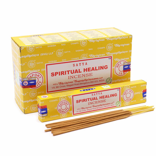 A yellow box of satya spiritual healing incense