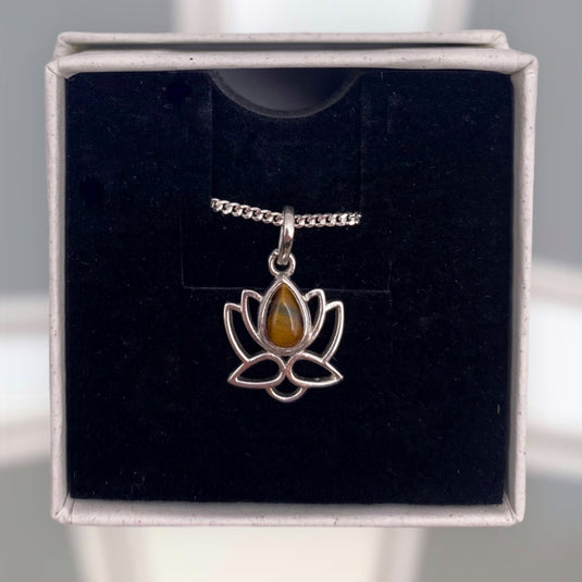 Tiger Eye Sterling Silver Lotus Flower - Necklaces - Keshet Crystals in Petersfield & Online