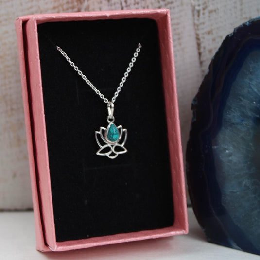 Sterling silver necklace with turquoise lotus flower