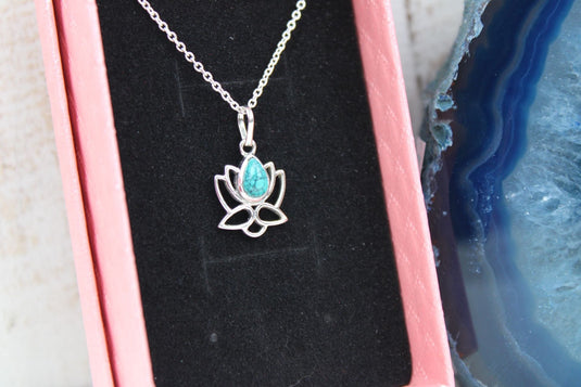 Sterling silver necklace with turquoise lotus flower