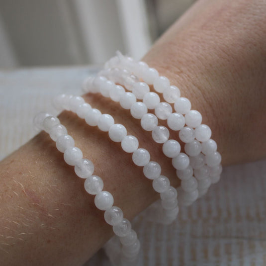 White Jade 6mm Bracelets Stacked on Wrist