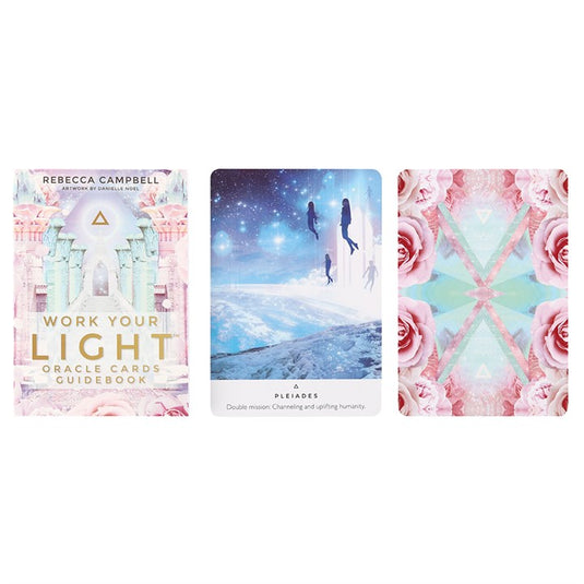 Work Your Light Oracle Cards: Guidebook, Pleiades Card, and Rose Card.