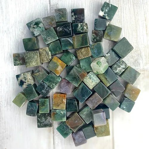 Moss Agate Cube for Stability - Tumblestones - Keshet Crystals in Petersfield